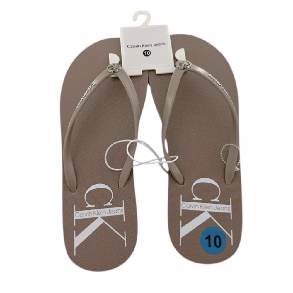 Women Sandals Size 10 Calvin Klein Salya Logo Flip Flop Light Natural Brown NWT